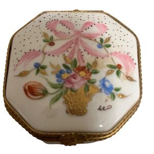 Vintage Limoge flower basket trinket box with pink ribbon